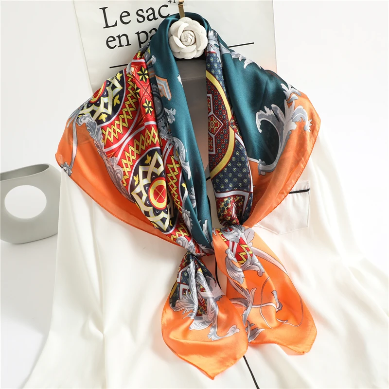 

90cm Hijab Satin Silk Square Scarf Women Neckerchief Muslim Headbands Wrap Muffler 2022 Bandana Female Shawl Hair Band Foulard