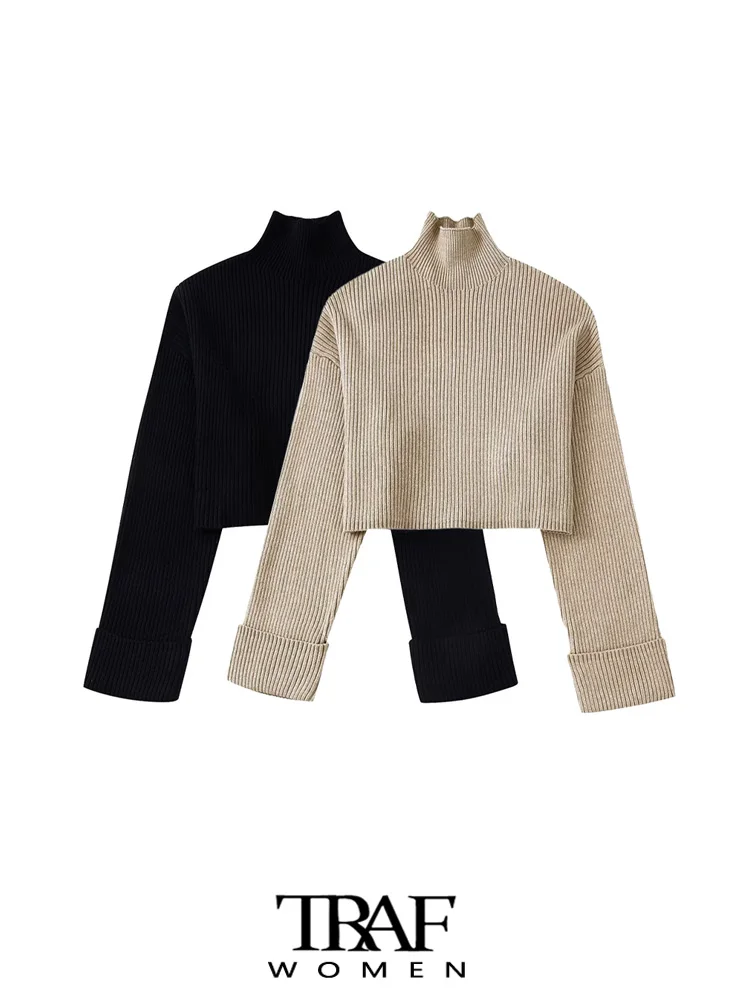 

TRAF Women Fashion Ribbed Knit Cropped Sweater Vintage High Neck Long Sleeve Female Pullovers Chic Tops