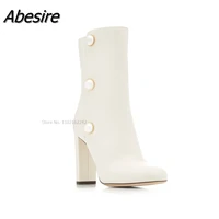 autumn new white round toe womens boots and calf square heel button high heels casual comfortable all match womens boots