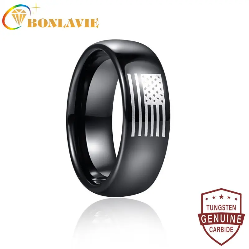 

BONLAVIE 8mm Black Flag Tungsten Steel Carbide Ring Wedding Band for Men Comfort Fit Rings Engagement Jewelry Good Quality