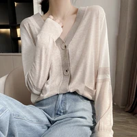 v neck cardigan color matching cashmere sweater with pocket womens loose fashion sweater knitted top