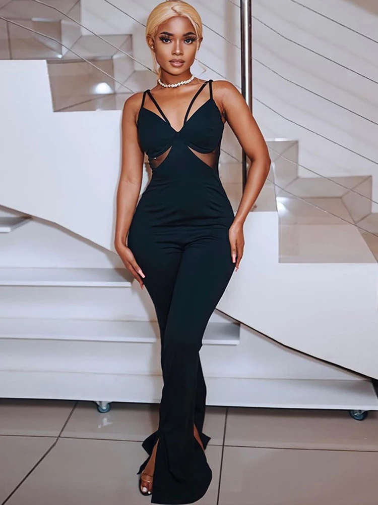 

Sexy Strap Sleeveless Hollow Out Jumpsuits Women Low Cut Flare Pants One Piece Rompers 2022 Spring Fall Elegant Y2K Clothes