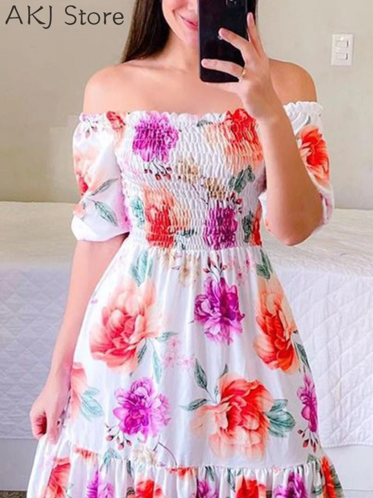 Женское платье макси с цветочным принтом и открытыми плечами |