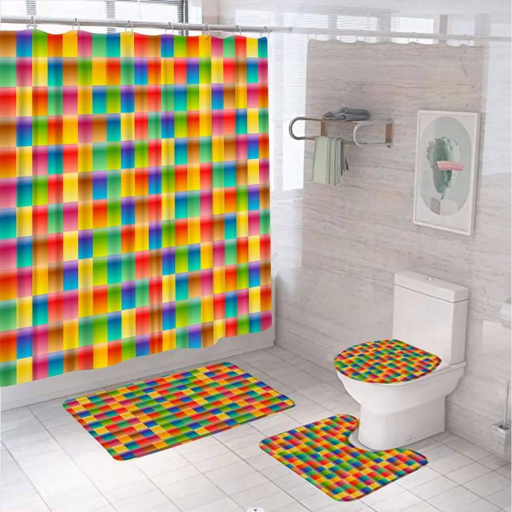 

Набор для ванной в радужную клетку с геометрическим рисунком, цветная 3D квадратная занавеска для душа, нескользящий коврик, коврик для ванной, крышка для унитаза, экран для домашнего декора
