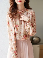 womens round neck pullover shirt spring long sleeved puff sleeves temperament high end blouse korean retro ladies print tops