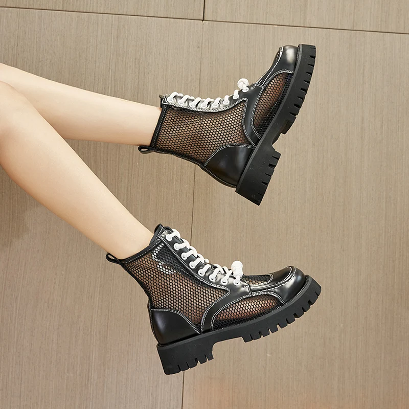 Summer Cool Boots Women's Thick Bottoming Thin Style Breathable 2023 New Small Mesh Gauze Leather Lace-up Fashion Ankle Boots