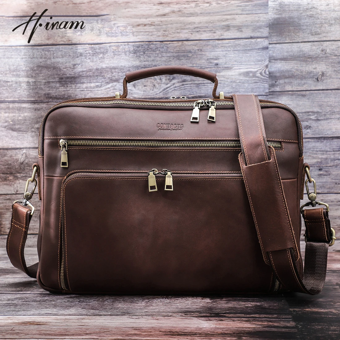 Luxury Men Briefcase Vintage Leather Business Travel Macbook 15.4 16 17 Inch Laptop Handbag Multifunction Crossbody Shoulder Bag