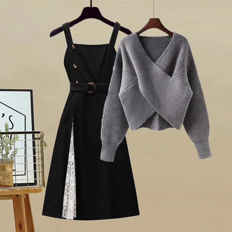 Spring and Autumn Fashion Women's Set 2023 New V-Neck Slim Knitted Sweater Sweater Strap Dress Two Piece Set