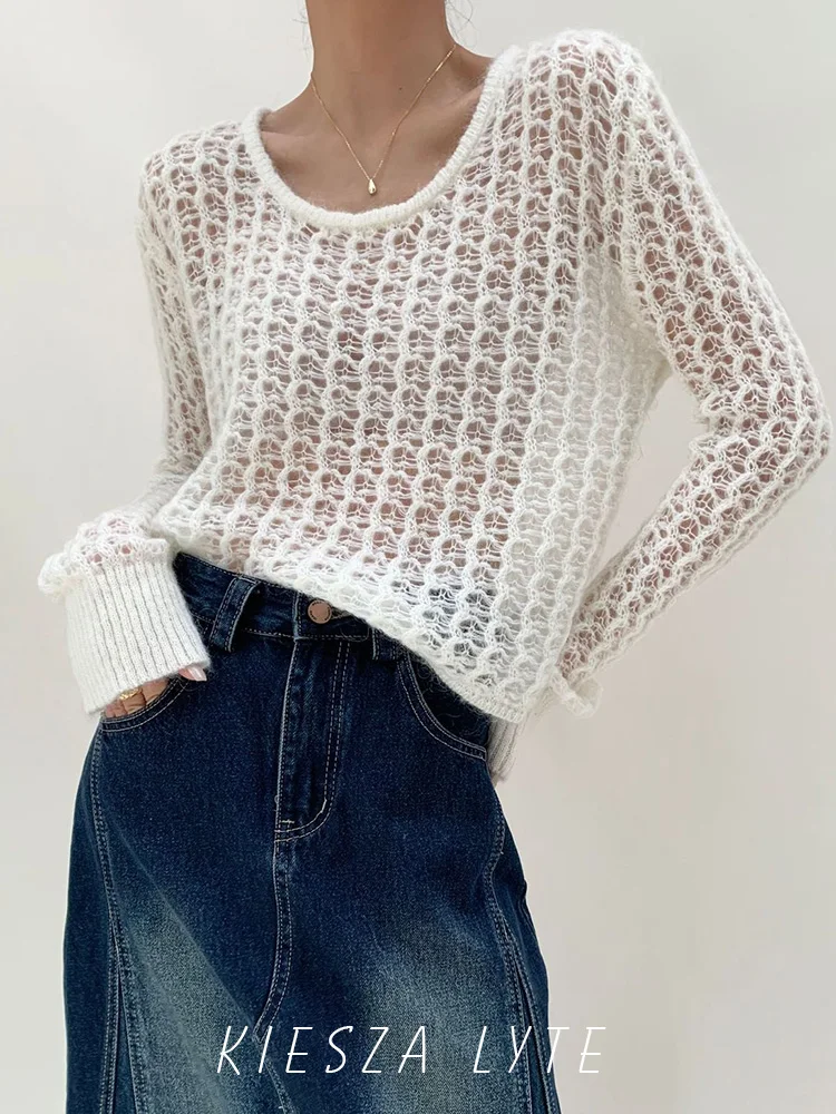 

Street 2023 Autumn New Fashion Sexy Pure Desire Wind Design Knitted Sweater Hollow Out Exposed Sea Horse Wool Sweater for Women