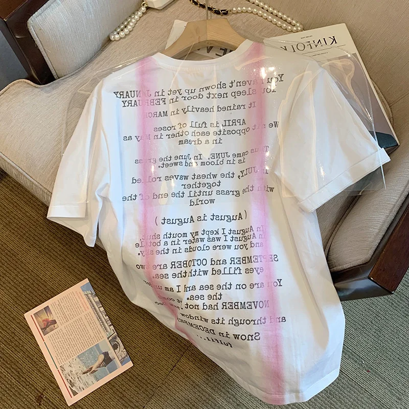 Cotton white back letter printed short sleeve T-shirt women's summer casual loose medium length top