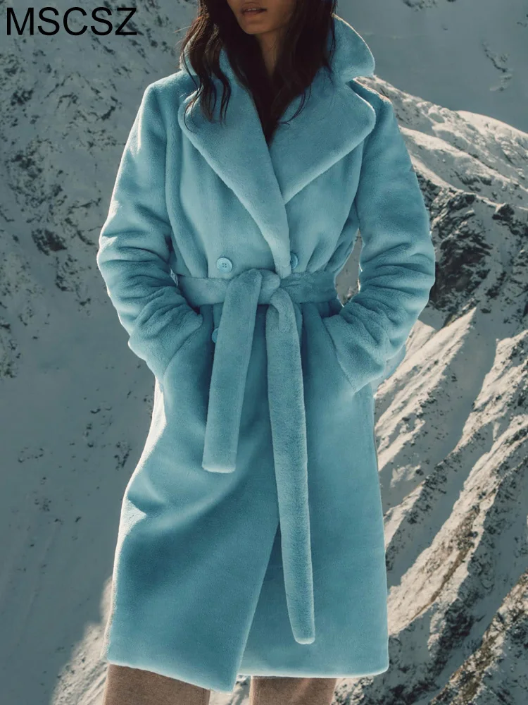 Long Faux Fur Coat Women Lapel Collar Double Breasted Oversized Winter Jacket Women 2022 Fashion Warm Parka Overcoat With Belt