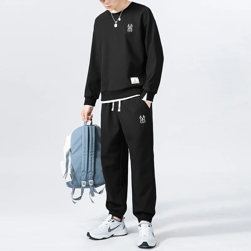 

Autumn tide embroidery live broadcast long sleeve round neck waffle sweater sports and leisure suit men's two-piece set
