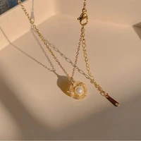 korean fashion gold titanium steel chain flower pearl temperament pendant necklace for womens jewelry wedding party gift