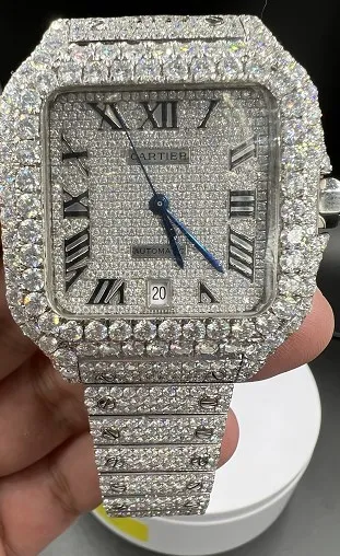 

High-end Luxury Bling Jewelry Full Moissanite Dial Watch VVS Hip Hop Iced Out Stainless Steel Mechanical Man Watch
