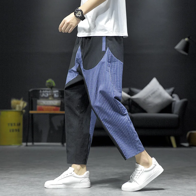 

Товар 2023! Мужские укороченные брюки в контрастную полоску из хлопка и конопли, высококачественные повседневные брюки-султанки для покупок