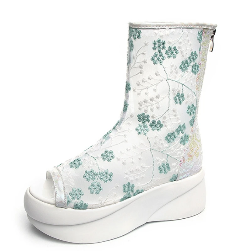 

fujin 2022 women summer boots lace boots open boe sandals 6cm platform women shoes zipper sweet women shoes white boots