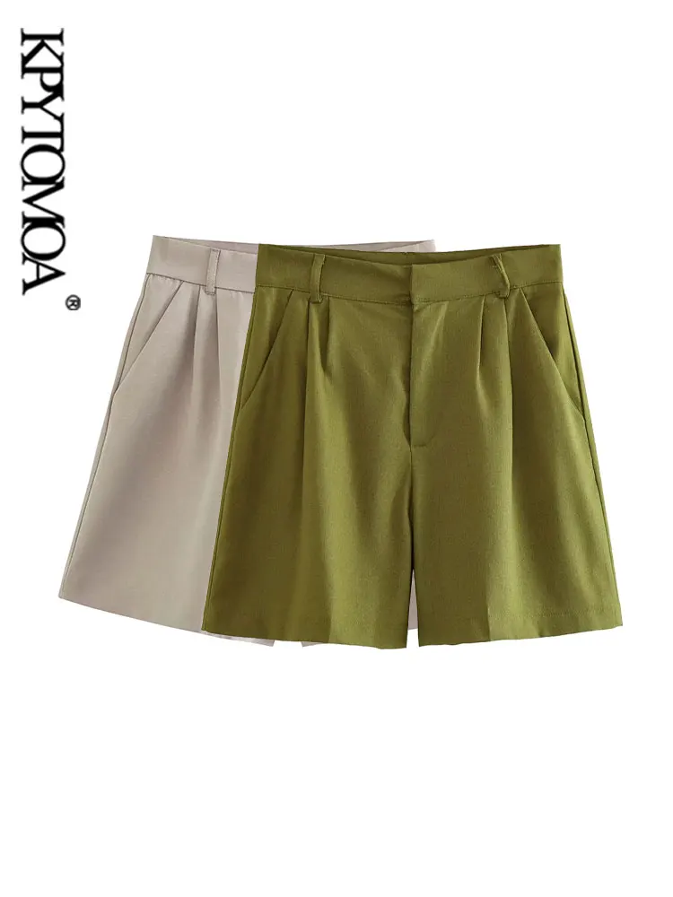 

KPYTOMOA Women Fashion Side Pockets Linen Shorts Vintage High Waist Zipper Fly Female Short Pants Mujer