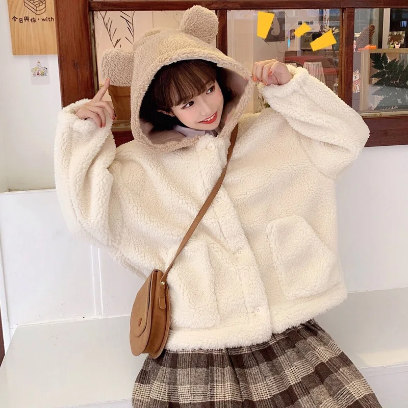 Winter Jacket Kawaii Little Bear Ears Hooded Lambswool Coats Cute Girl Full Sleeve Single-Breasted Lolita Outweare For Women Y2k