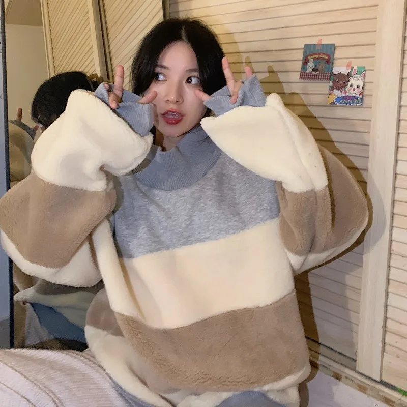 

Lamb Velvet Patchwork Half High Neck Women Sweatshirts Korean Fashion Loose and Lazy Style Pullover Top Y2k Women Clothing