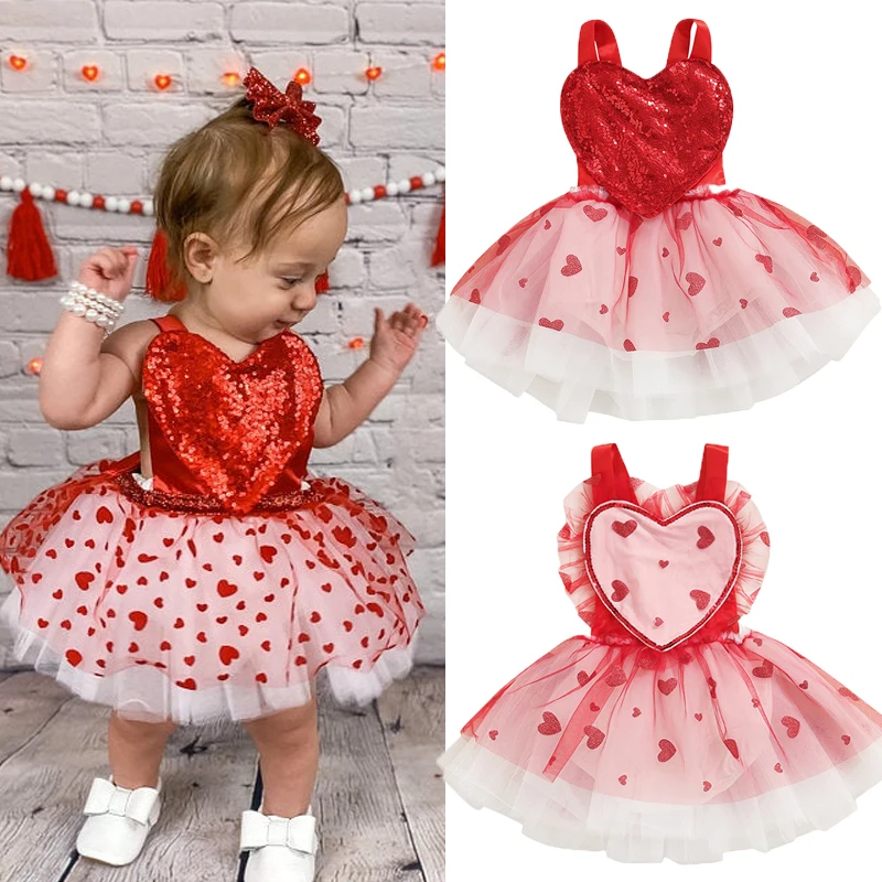 

0-24M Valentines Days Baby Girls Romper Dress Ruffles Strap Sleeveless Sequined Heart Printed Lace Tutu Jumpsuits