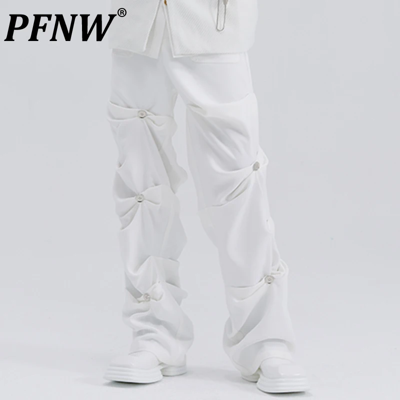 PFNW Spring Autumn New Men's Suit Pants Casual Metal Button Pleat Solid Color Loose Straight Personality Trend Trousers 28A3098