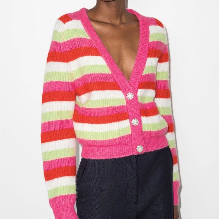 

Women Wool Blends Stripes Sweater 2022 new V-neck Rhinestone Buttons Long-sleeved Single Breasted Lady Knit Cardigan