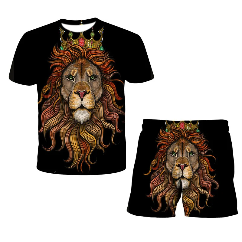 Summer Short Sleeve T Shirt Set Men's Tracksuit Daily Casual Streetwear 2 Piece 3D Lion King Printing Oversized Sports Suit