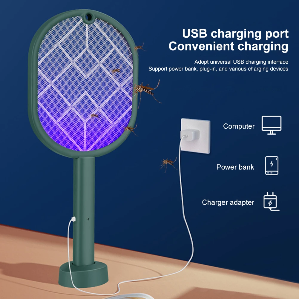 

2in1 Electric Insect Racket Swatter USB Rechargeable Fly Swatter with Mosquito Lamp Indoor Outdoor Handheld or Hands-free Mode