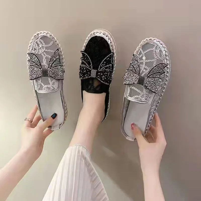 

Large Size 43women's Slippers 2022 Summer New Mesh Breathable Korean Version Of Rhinestone Sequins Bow Sandals Women Shoes