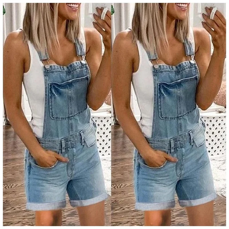 

QNPQYX New Streetwer Womens Denim Jeans Female Fashion 2021 Summer Overalls Dungarees Short Bib Pants Jumpsuit Casual Trousers