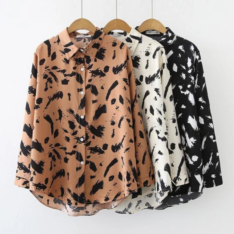 

Европейская Весенняя дизайнерская леопардовая рубашка с отложным воротником и длинными рукавами, винтажная универсальная рубашка-поло с воротником, однобортная модная повседневная одежда для поездок