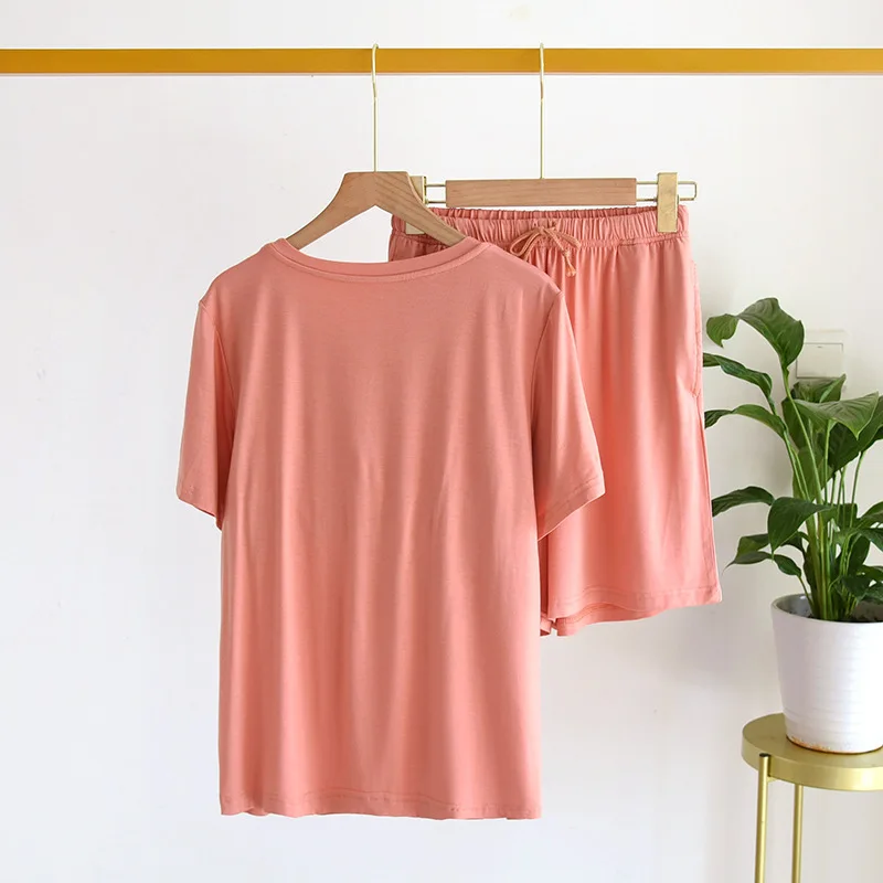 Pajama Shorts Set Women T-shirt Short-sleeved Suit Female Modal Bra-free Pullover Large Elastic Summer Thin Outdoor Home Clothes