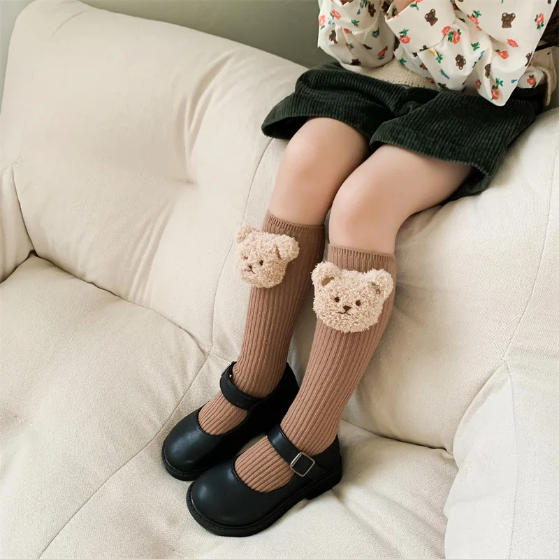 

2023 Korean Cute Cartoon Bear Children Calf Stocking Spring Autumn Cotton Thermal Sport Knee High Long Socks for Kids Boy Girls