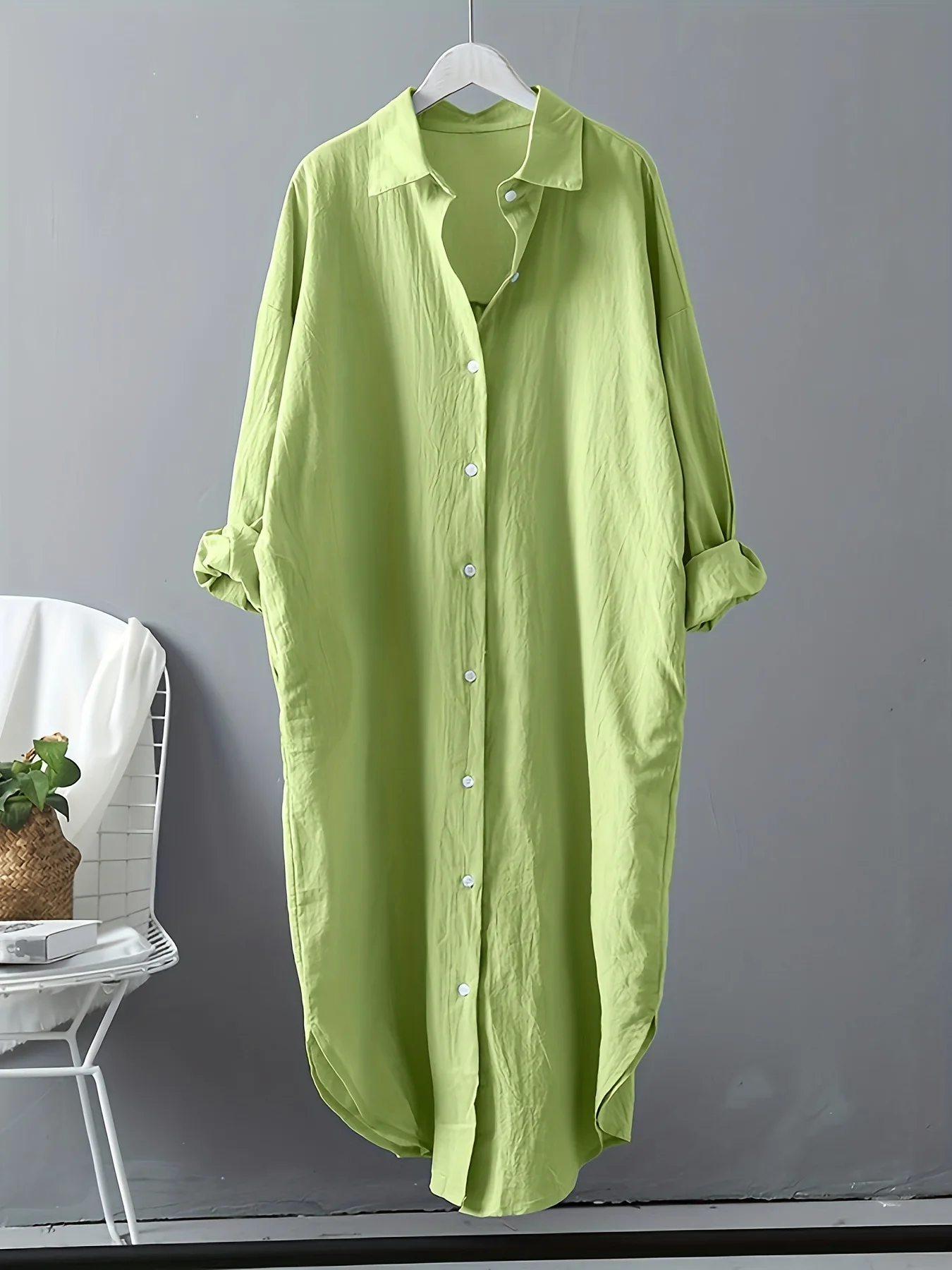 Платье-миди из хлопка и льна с длинным рукавом пуговицами