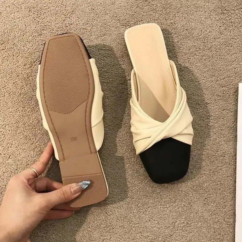 Women Slippers 2023 Fashion Gentle Pleated Lazy Square Toed Flat Mixed Colors Casual Slides Summer Shoes Female Zapatos Para