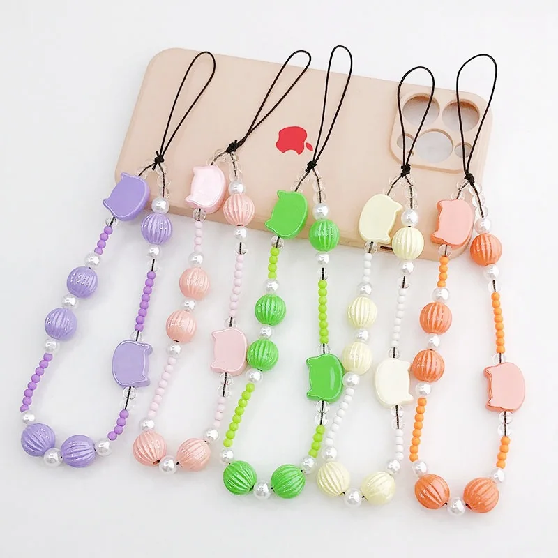 

2PCS Resin Pearlescent Cat Head Beaded Girls' Mobile Phone Hanging Rope Anti Drop Hand Rope Y2K Girls' Mobile Phone Case Pendant