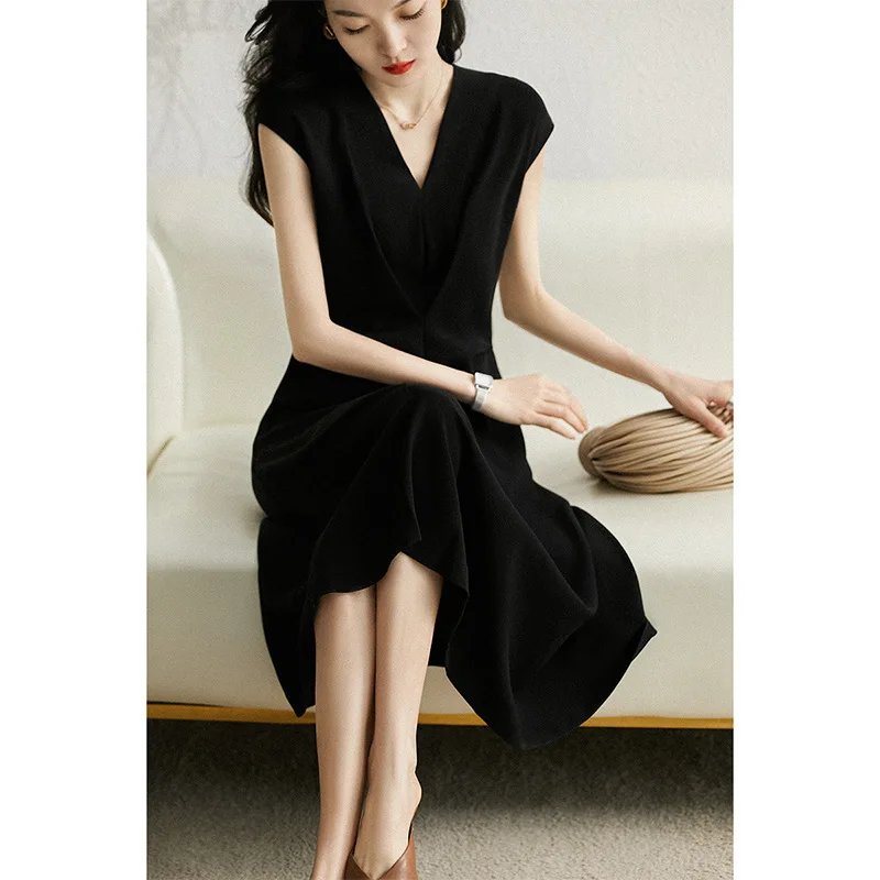 

Black Dress V Neck Slim Fit Dress Women Office Ladies Streetwear Fashion Elegant Satin Dress