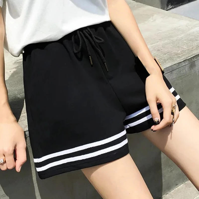 

Шорты женские в Корейском стиле, спортивные с широкими штанинами в стиле ретро, эластичные дышащие модные брюки в полоску для бега и фитнеса...