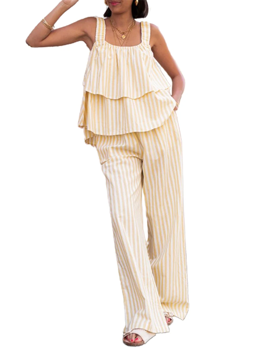 Женский летний комплект из 2 предметов в полоску блузка без рукавов с круглым