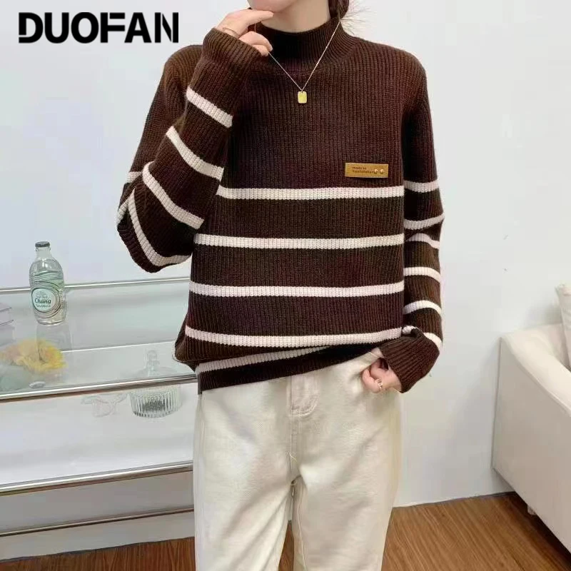 

DUOFAN Sweater Pullovers Women Loose Half High Collar Striped Casual Sweaters Knitted Chic Elegant Autumn Winter Jumper Female