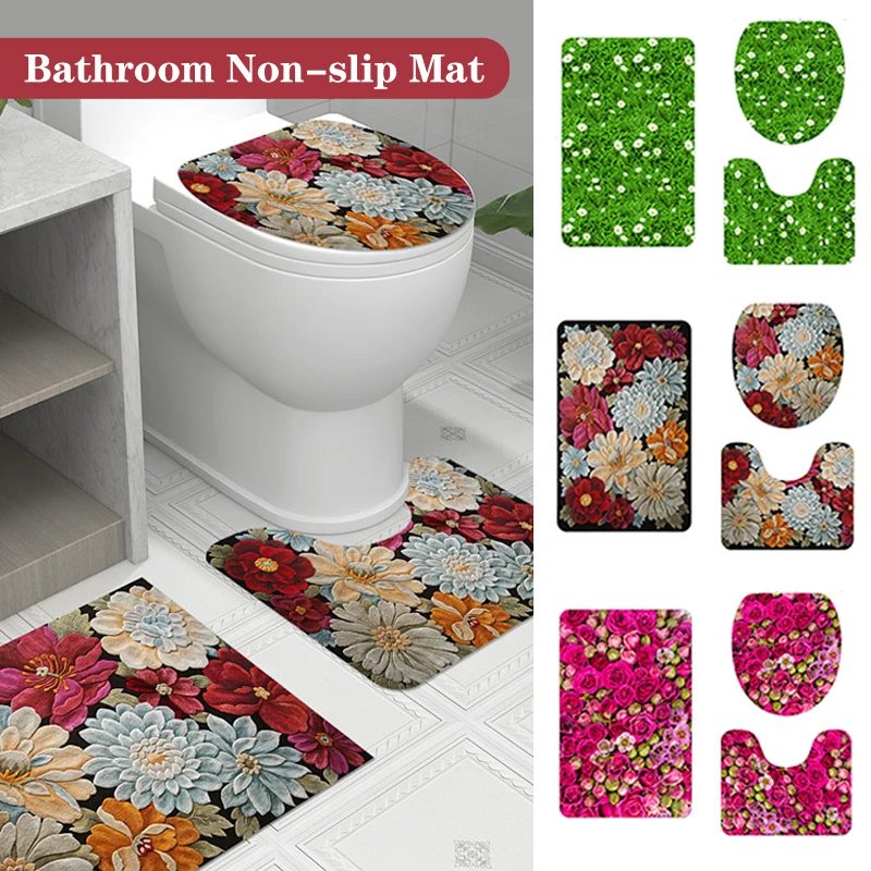 

3Pcs Bath Mat Set Bohemia Flower Anti-Slip Carpet Doormat Toilet Lid Toilet Seat Covertoilet Seat Mat Bath Rug Accessories