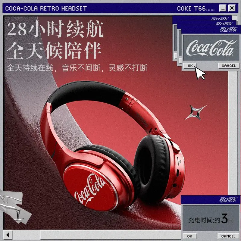 Фото Новые Bluetooth-наушники Coca-Cola T66, Bluetooth 6.0, накладные, из ABS-материала, беспроводные, ретро-дизайн, для игр и спорта, подарок. №4