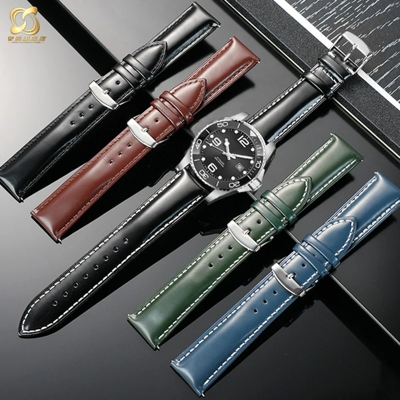 Фото Для Longines Conquest Спортивный кожаный ремешок (модель L3.742 642 782) - 21 мм Мужской спортивный деловой черный кожаный ремешок с защитой от пота №1