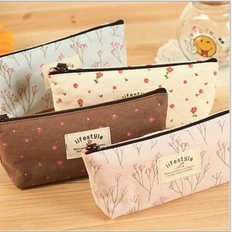

Kawaii Pastoral Floral Zipper Pen Case Cute Plant Flower Print Canvas Pen Case Stationery Bag Office Supplies Free Shipping