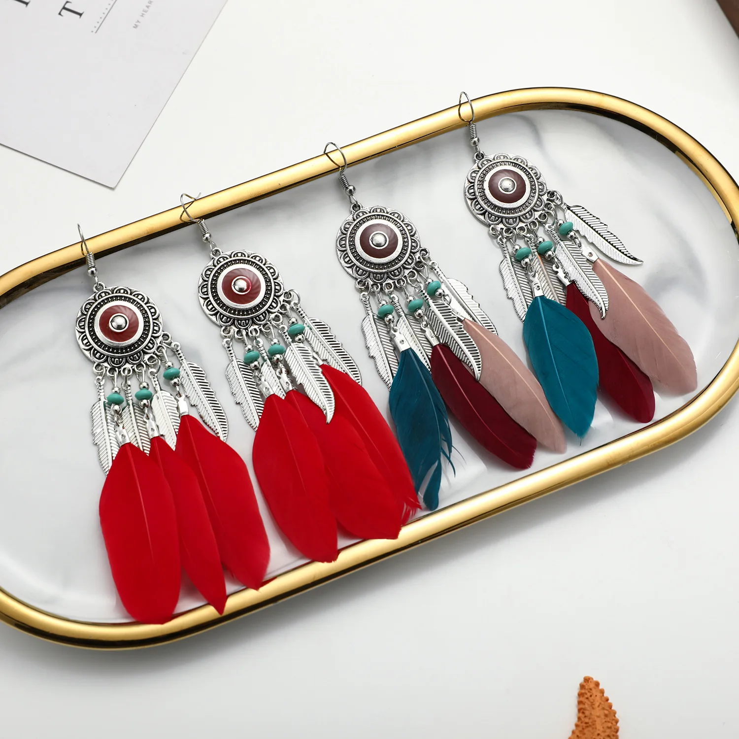 

New 2022 Summer Fringed Leaf Earrings Bohemian Feather Hoop Long Earrings