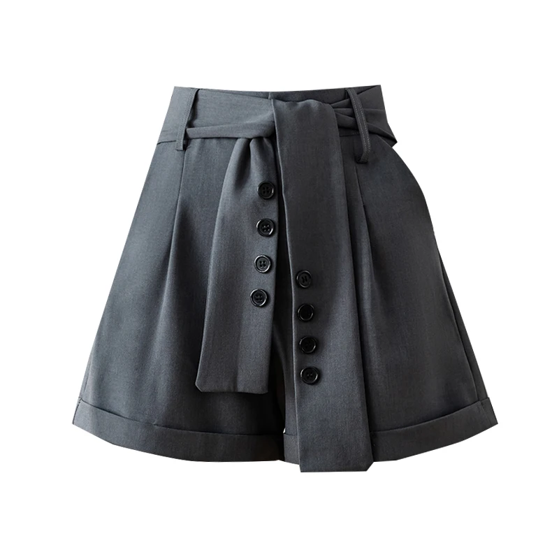 Elegant OL High Waist Shorts For Women 2022 Fashion Summer Loose Wide Leg Short Femme Pants Belt Bandage Black Gray Suit Shorts