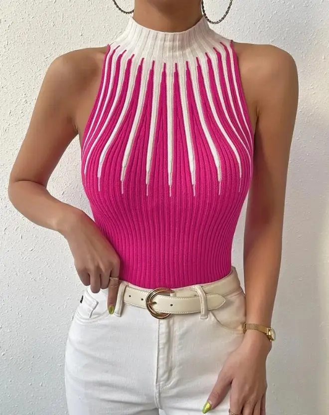 

Abstract Pattern Mock Neck Tank Top for Woman 2023 Summer New Sleeveless Fashion Versatile Top Female Casual Clothing Y2K