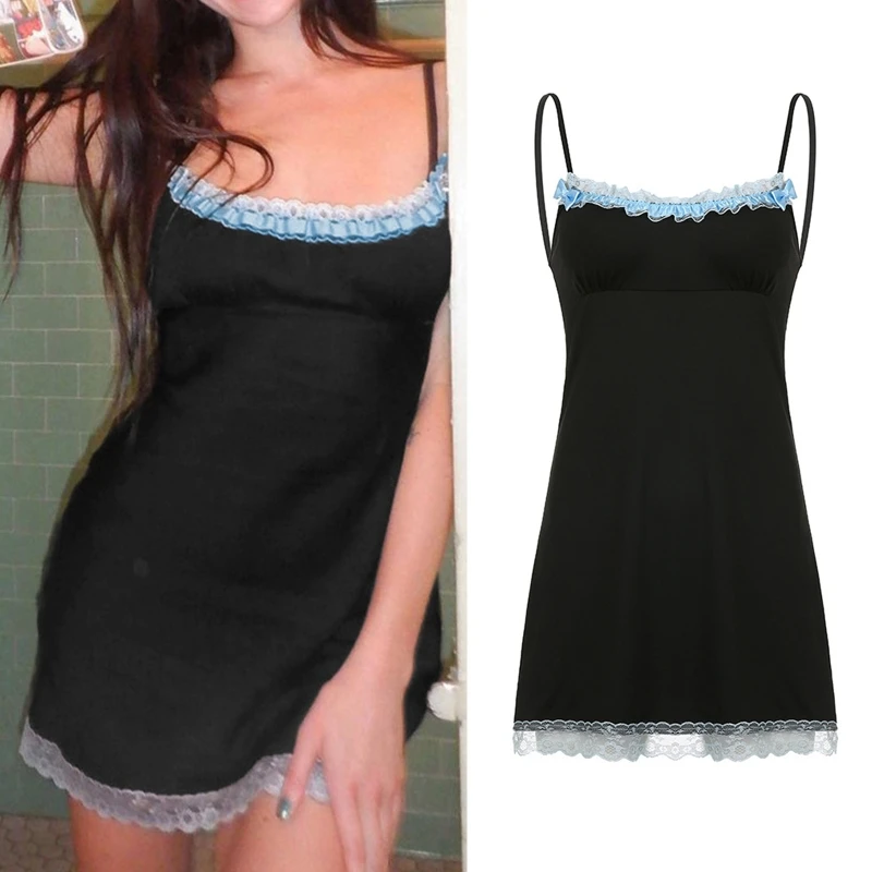 

Women Gothic Sexy Spaghetti Strap Slim Mini Cami Dress Low Cut Neckline Ruffled Lace Trim Package Hip Party Clubwear
