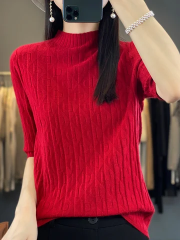 2023 New Fashion High Quality Thin Knit Mock Neck Cashmere Wool Sweater Short Sleeve Women's Soft T-Shirt Grace Confort