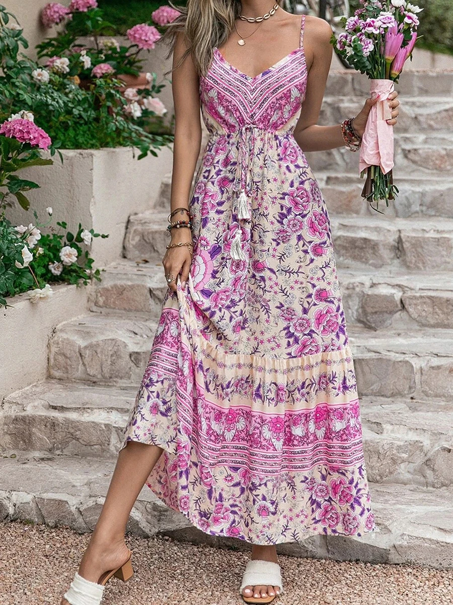 

2023 летние женские сексуальные праздничные платья на бретелях-спагетти с цветочным принтом, богемный пляжный сарафан, элегантные платья на бретелях